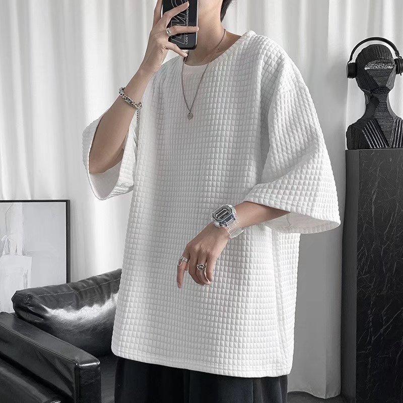 Men's Solid Color Waffle T-Shirt, Hong Kong Style, Short-Sleeved, Korean Trend, Loose Fit, Five-Point Sleeve.
