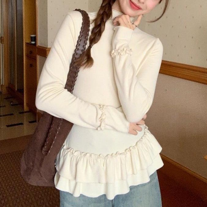 Women s Brushed Warm Ballet Hem Long-Sleeve Top – Autumn/Winter Slimming High Collar Style L абрикосовый