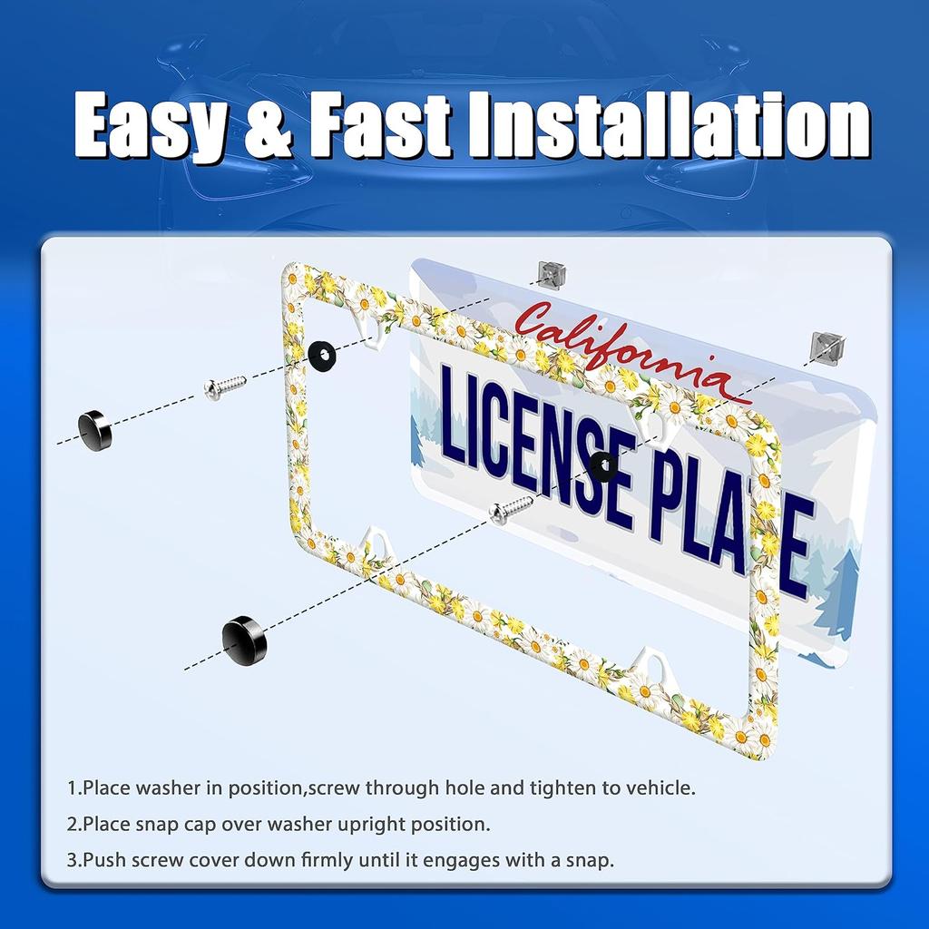 Daisy Flower License Plate Frame Beautiful Floral License Plate Stainless Steel Auto Parts Funny License Plate Decorative With Screws Size 12.3" X