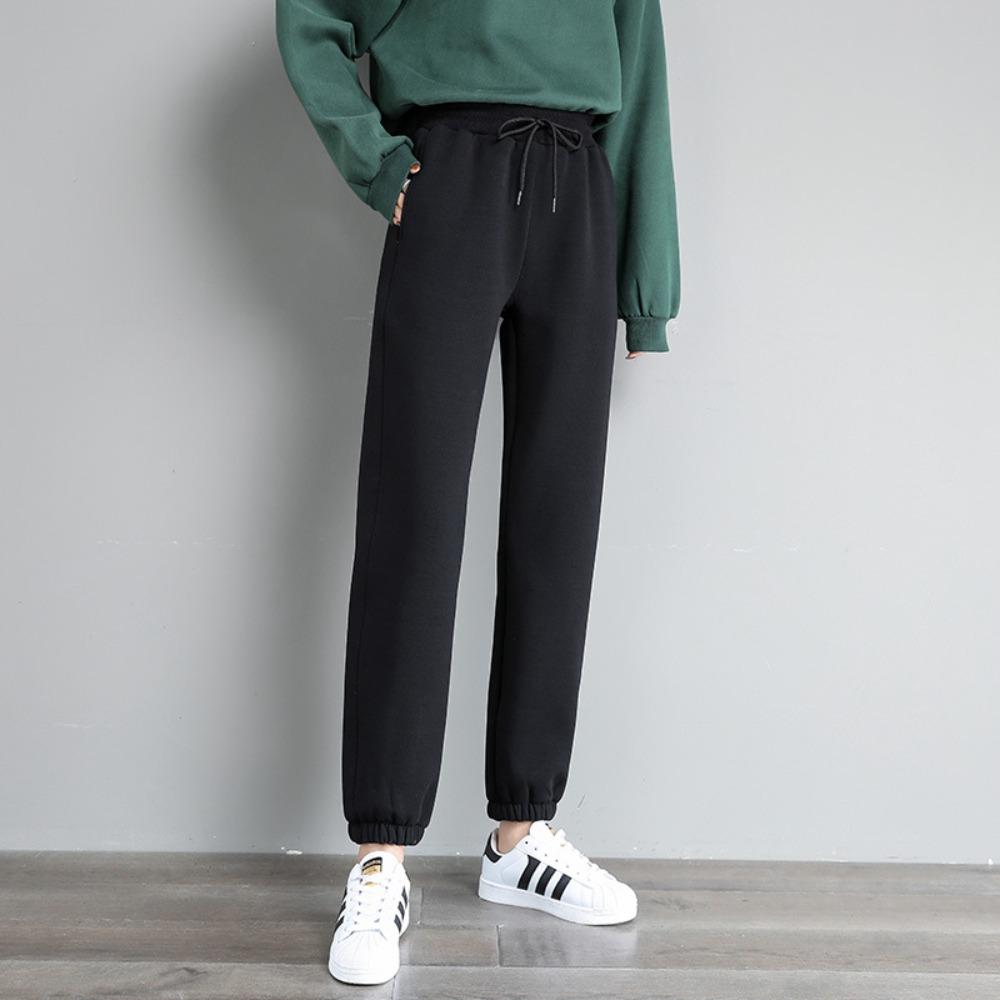 Women s Mid Rise Drawstring Waist Joggers Loose Fit Sweatpants Thick Lamb Fleece Lined Winter Casual Trousers S чёрный
