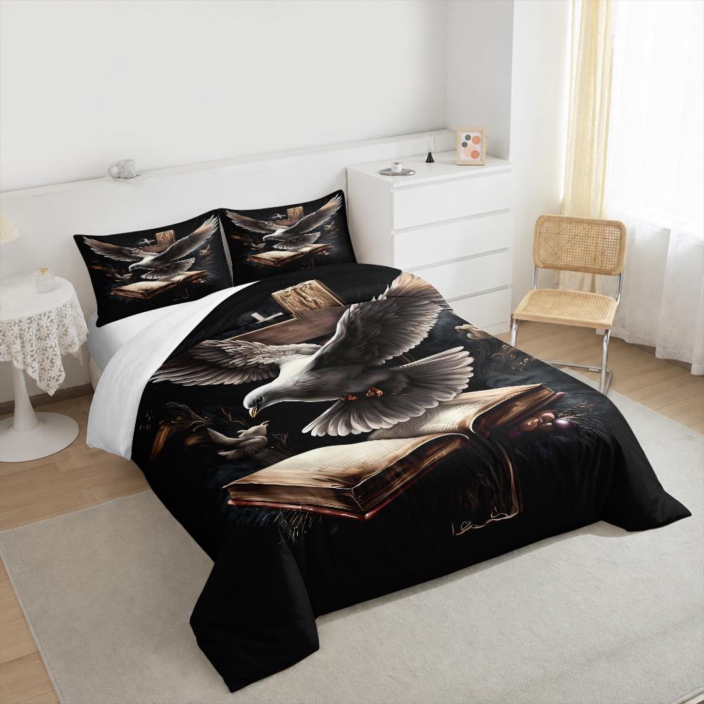 White Dove Open Bible Cross Bedding set (1 duvet cover, 2 pillowcases, duvet not included), Dark Spiritual Christian Art Print