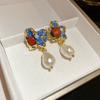 Imitation Pearl Stud Earrings for Women Oil-dripping Flower Drop Earring Vintage Rhinestones Jewelry Accessory