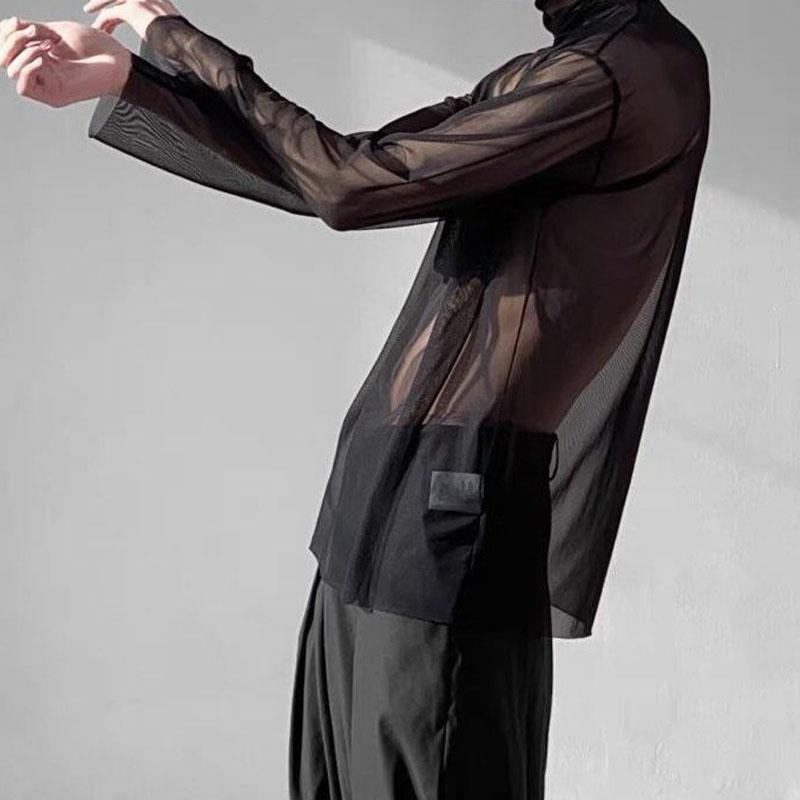 Man Summer Fashion Long Sleeve Net Yarn Tops New Turtleneck All-match Solid Color Sunscreen Clothing T-shirt