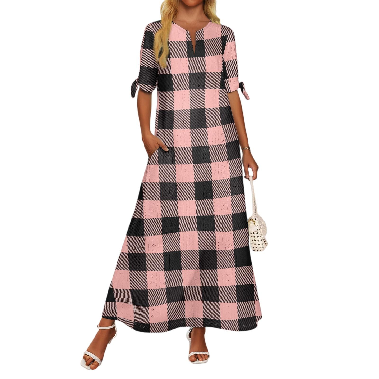 

Ladies Casual Fashion Temperament Elegant Waist Plaid Print Long Dress XL рожевий