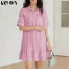 Summer Women Turn Down Collar Short Sleeve Striped Casual Ruffled Mini Dress