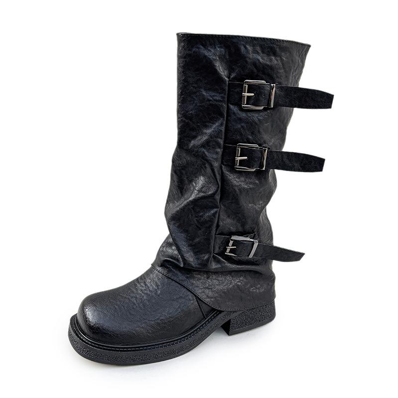 Thick-soled Martin boots women's 2025 autumn and winter new fashionable belt buckle short boots square round head pleated medium tube knight boots