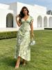 Women's Green White Floral Print V Neck Flutter Sleeve A-Line Maxi Dress Casual Dress
