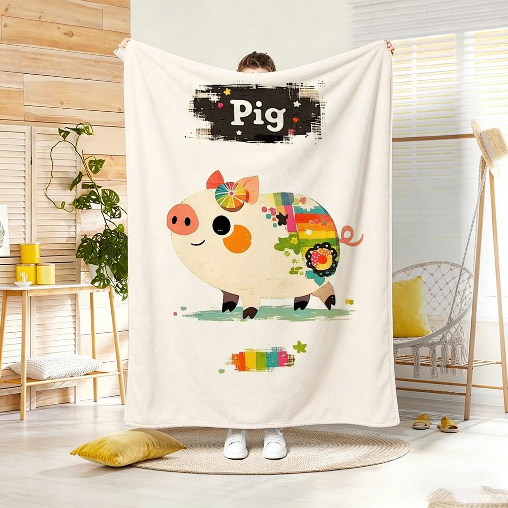 Illustration Cartoon Pig Throw Lightweight 240G Flannel Blanket Soft Skin-Friendly For Summer Cooling