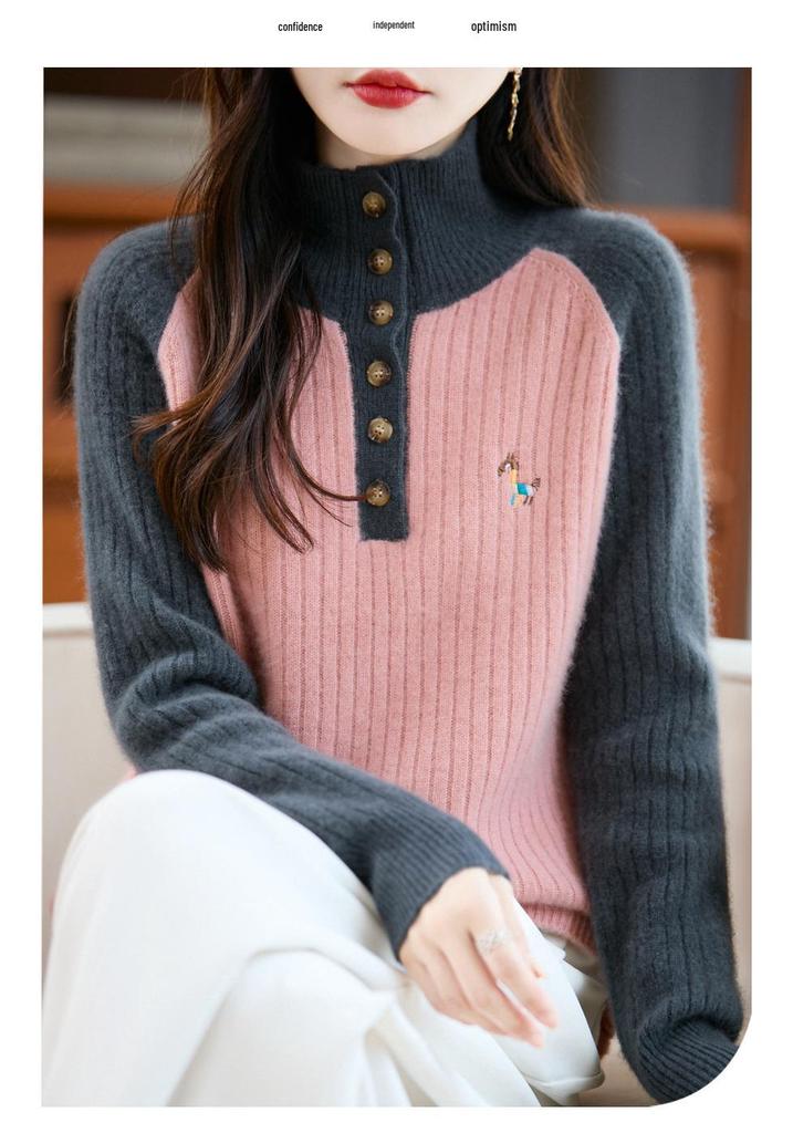 Women's Stand Collar Thick Embroidered Wool Sweater - Autumn/Winter Knitwear with Color Block and Small Horse Logo