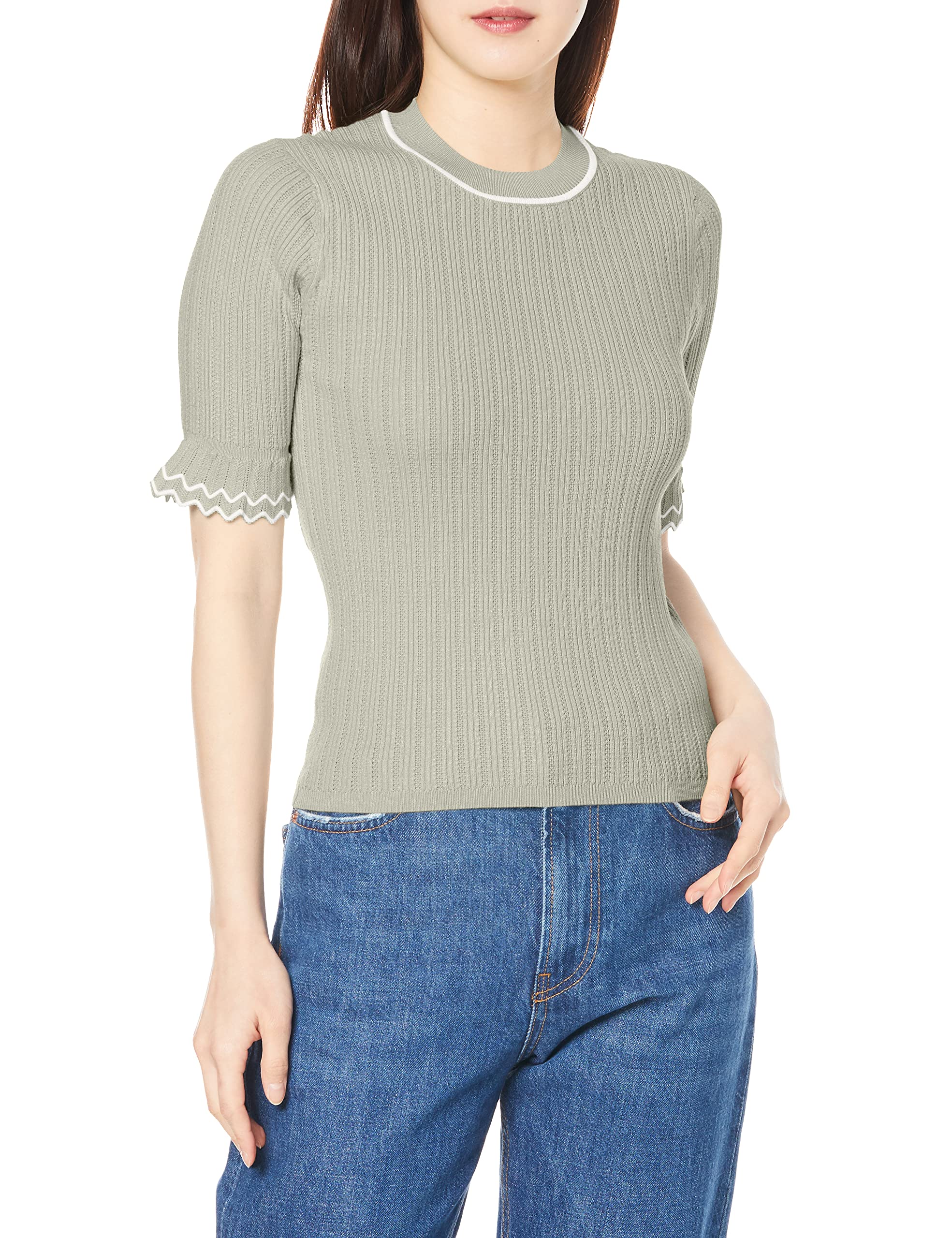 

Trenteant Son de Mode Light Green Mock Neck Knit Sweater with Frill Size 36 Women s Sleeves,