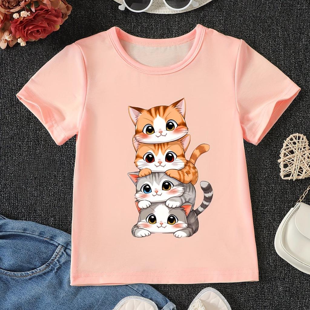 Cute Anime Cat Pattern 3D Printed Girls Cotton T-Shirt Summer Kids Short Sleeve T-Shirt Pajamas Comfortable Soft Fabrics