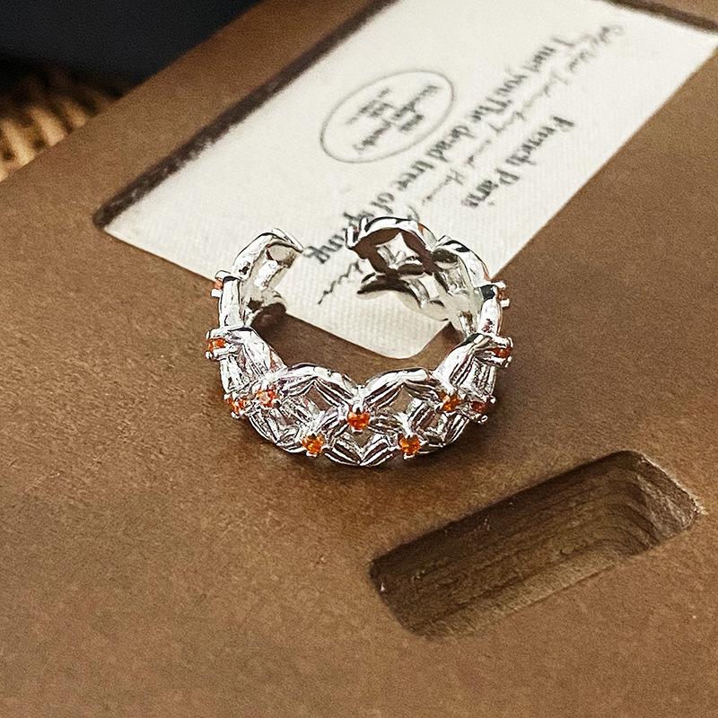 Flowers Are Like Brocade~ Medieval Vintage Hollow Zircon Flower Row Ring Opening Ring Enamel Light Luxury Noble Diamond