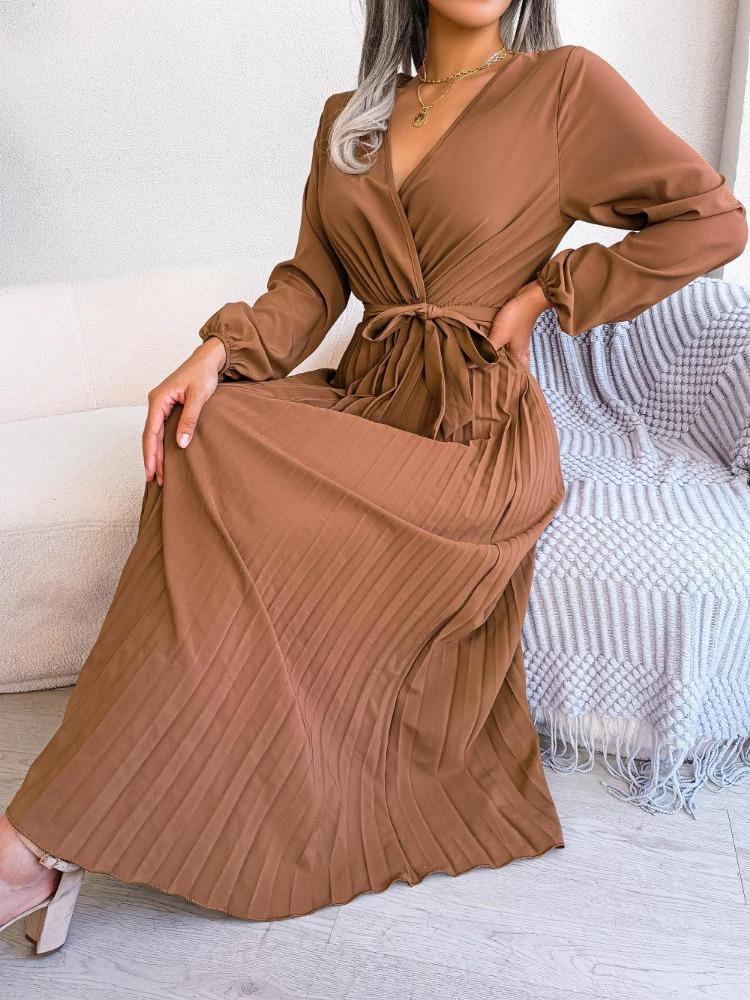 Elegant Women Pleated Maxi Dress Long Sleeve V Neck