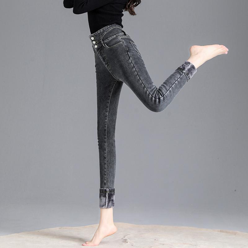 Džíny z fleecu s vysokým pasem, Dámské podzimní a zimní skinny džíny, Rovné nohavice, Přiléhavé, Zesílené a zeštíhlující tužkové kalhoty