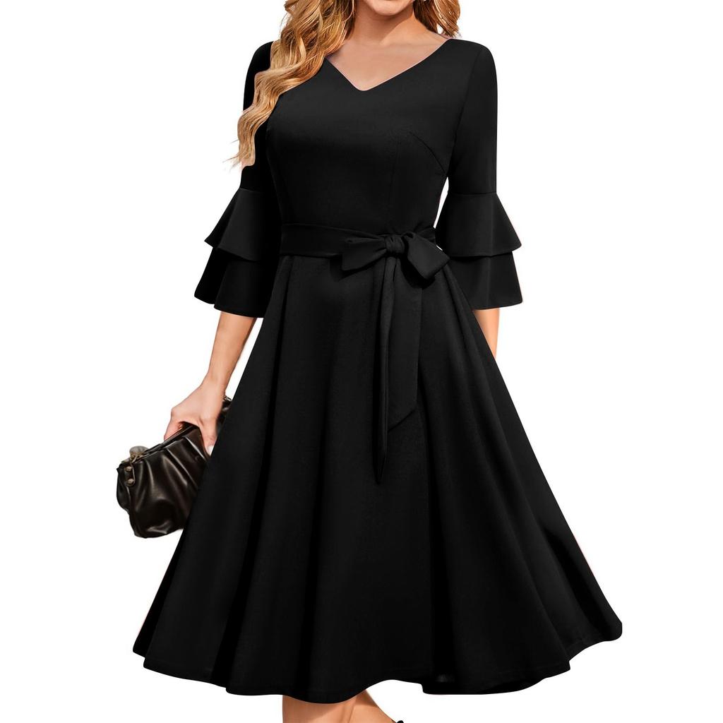 Women's Elegant Bell Sleeve Cocktail Party Dresses For Wedding Guest Fit And Flare Church Midi Evening Dress