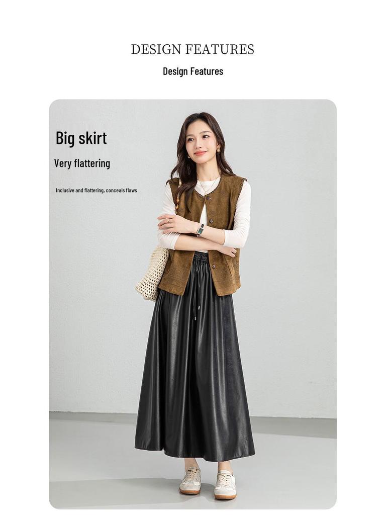 Yifei High-Waisted Black PU Leather A-Line Pleated Skirt - Women's Slimming Long Umbrella Skirt, 2026 Style.