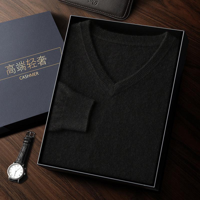 New solid color V-neck cashmere sweater men's long-sleeved pullover loose sweater with wool sweater inside