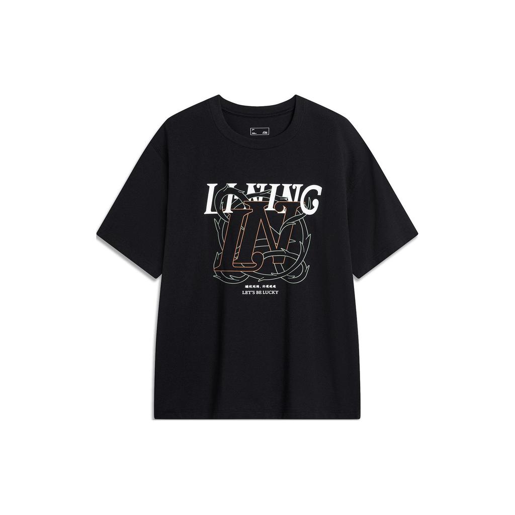 Li-Ning Letter Print Round Neck Pullover Short Sleeve T-Shirt Men Tops Black AHSU315-3