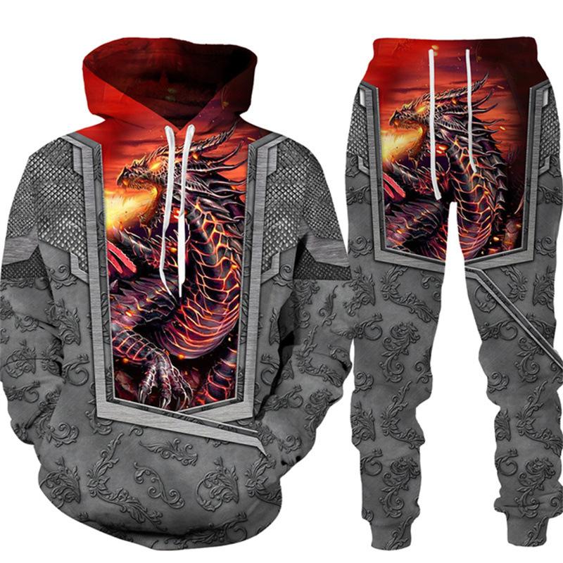 

Костюмы с капюшоном с 3d принтом дракона, осень-зима, мужские и женские комплекты с рисунком животных, винтажный спортивный костюм с тигром, унисекс, толстовка с капюшоном + брюки, комплект из двух предметов 6XL