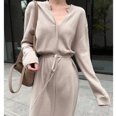 Autumn and Winter New Medium and Long Knee-length Sweater Skirt Women's Retro Drawstring Waist Thin Inner Base Dress