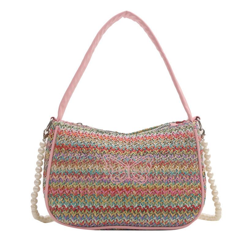 Stylish National Style Woven Bag With Pearl Chain Strap Small Shoulder Bag For Casual Outfits