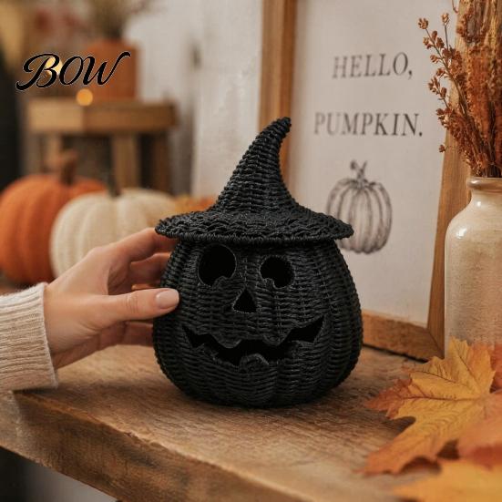 Halloween Pumpkin Figurine Faux Rattan Figurine, Black Resin Statue with Witch Unique Matte Hat, Rustic Wicker Tabletop Ornament for Party Home