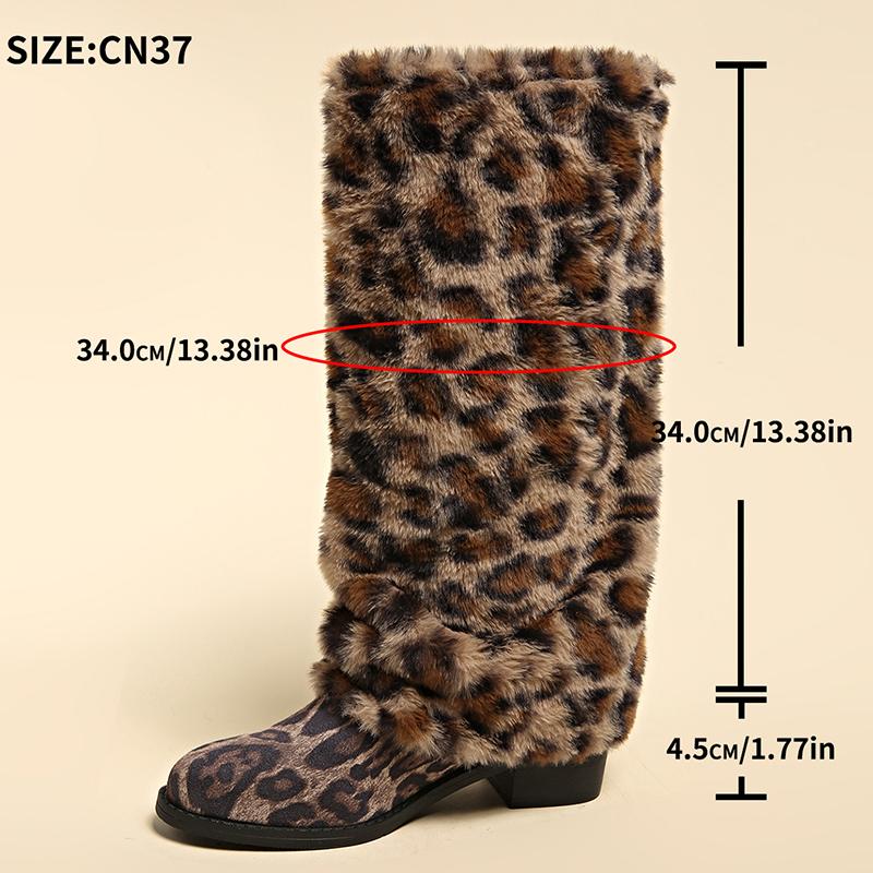 

Мода Мода Леопардовый Принт Пушистые Сапоги до Колена Женские Толстый Каблук Зимние Длинные Сапоги Женские Большой Размер 42 Натягивающиеся Вестерн Botas Mujer 42 цветной печати леопарда