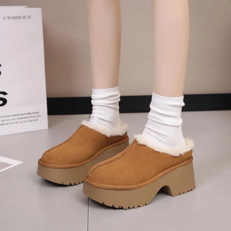 Winter Outside Modern Slippers Cow Suede High Heel 2024 High Quality Ladies Shoes Square Heel Solid Shallow Women's Slippers