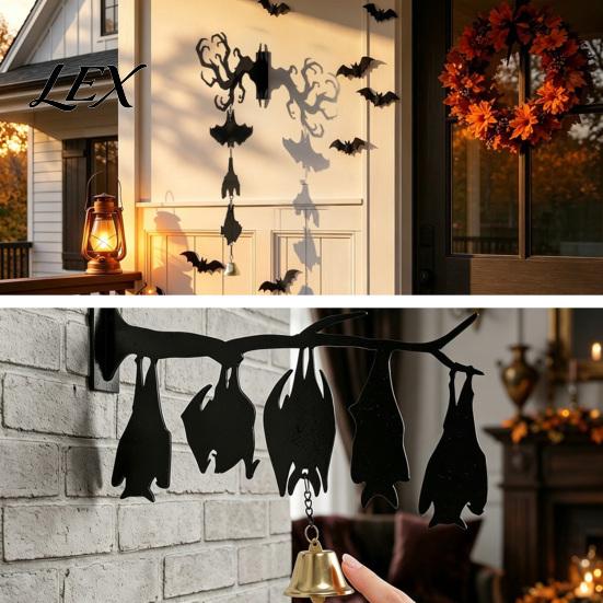 Festival Gift for Halloween Hanging Wall Decor, Matte Black Dead Branch Bat Silhouette Ornament Festive Entrance Bell with Metal Bell, Easy
