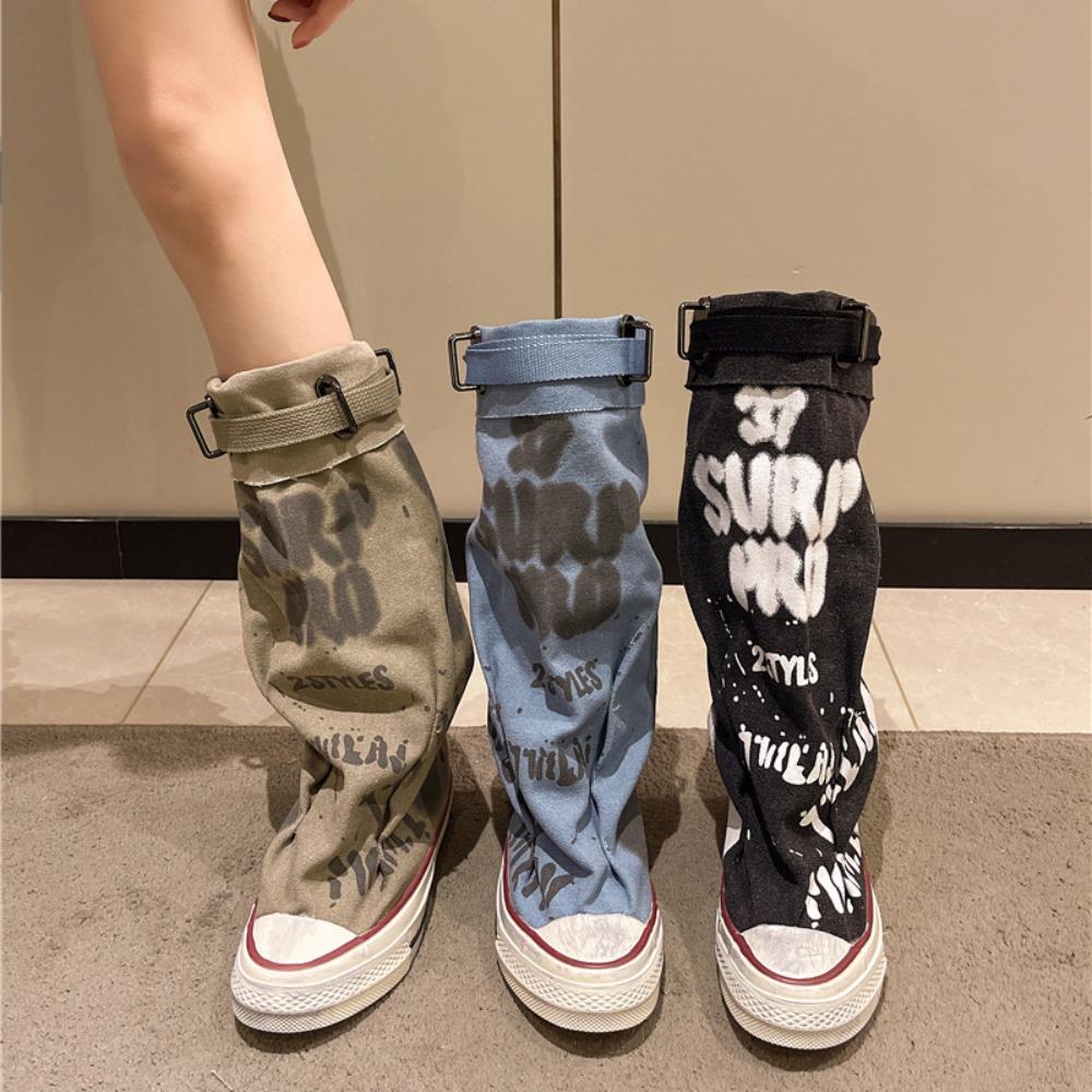 2025 Women's Canvas Trouser Leg Boots with Letter Graffiti - Pleated Slouchy Boots Unique Design