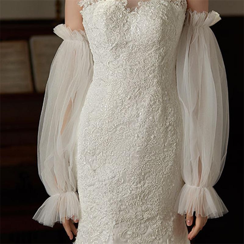 Långa bröllopsärmar Spets Semi-ren puffiga ärmar Tyll falska ärmar Elegant avtagbar ärm för bröllop Operafest Bröllopsklänning Accessoarer