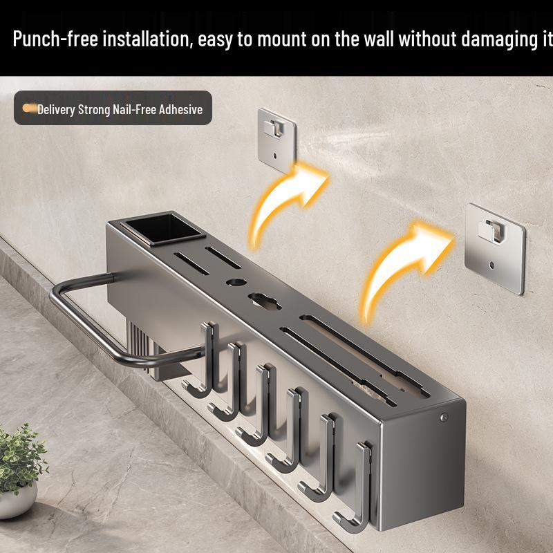 Wall-Mounted Knife & Utensil Holder with Punch-Free Multi-Functional Storage Rack