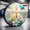 Religious Jesus Cross Lilies Butterflies Spare Tire Cover Durable Polyester Trailer Wheel Protector