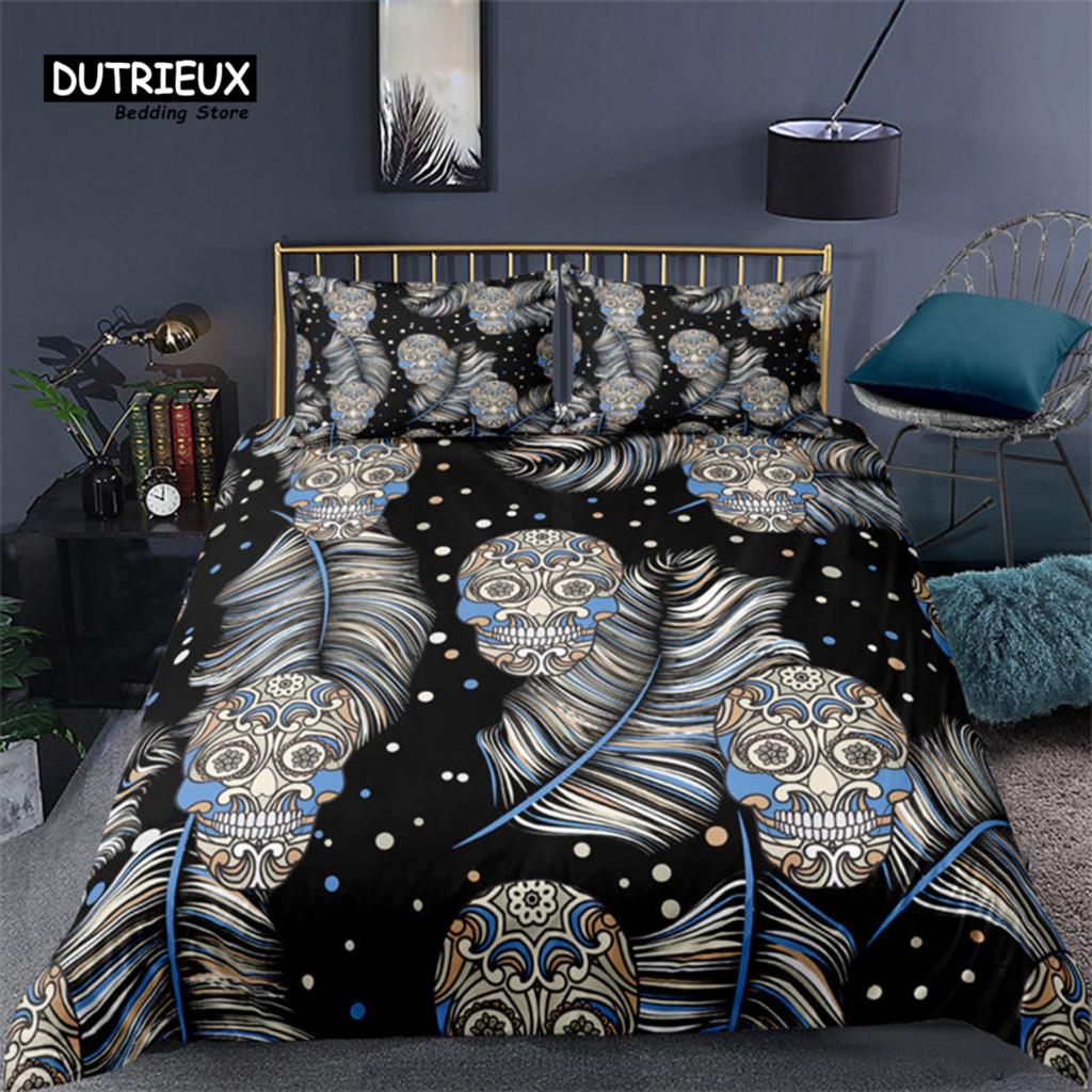 Colorful Sugar Skull Skeleton Quilt Cover Gothic Skull Bedding Set Queen Size Microfiber Horror Theme Feather Black Duvet Cover