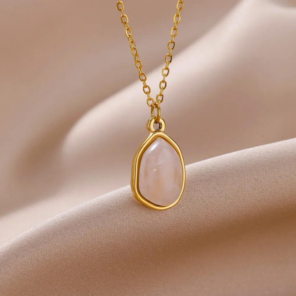 Stainless Steel Green Stone Necklaces For Women Gold Color Chain Stone Opal Oval Pendant Necklace Classic Aesthetic Jewelry Gift