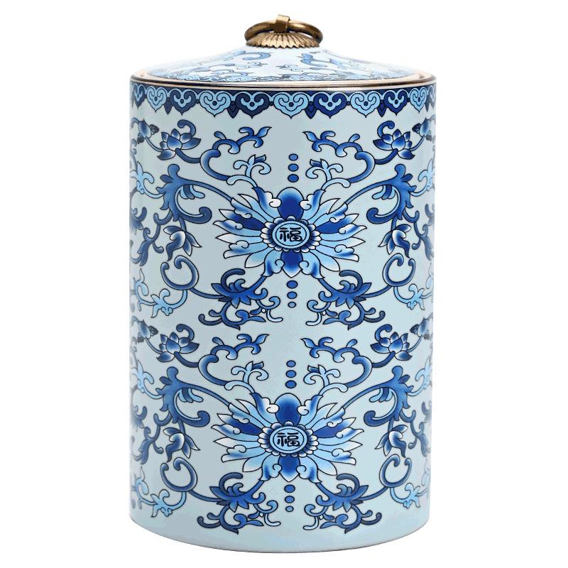 Blue and White Porcelain Tea Canister Cylindrical Candy and Dry Fruit Sealed Box Household Ceramic Nut and Dessert Storage Jar
