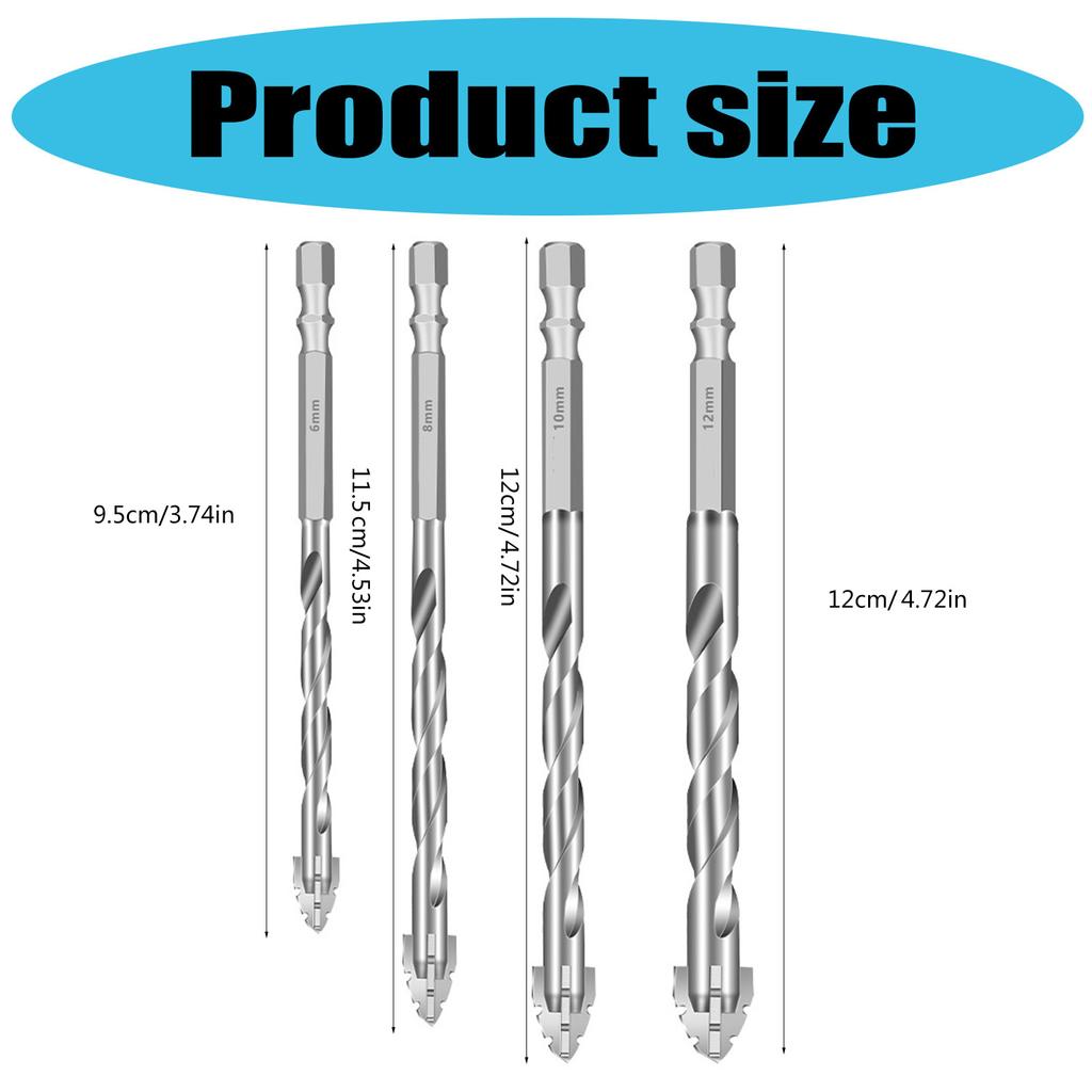 4Pcs High Performances Eccentric Drill Bits for Masonry Glass and Wood Cut with Carbide Tips and 1/4" Hex Shank Design