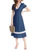 Dresstel Dotted Short Sleeve Long Dress for Cherry Blossom and Navy Size L Women's High-Waisted V-Neck Weddings, Resorts, Guests, Viewing, Dates,