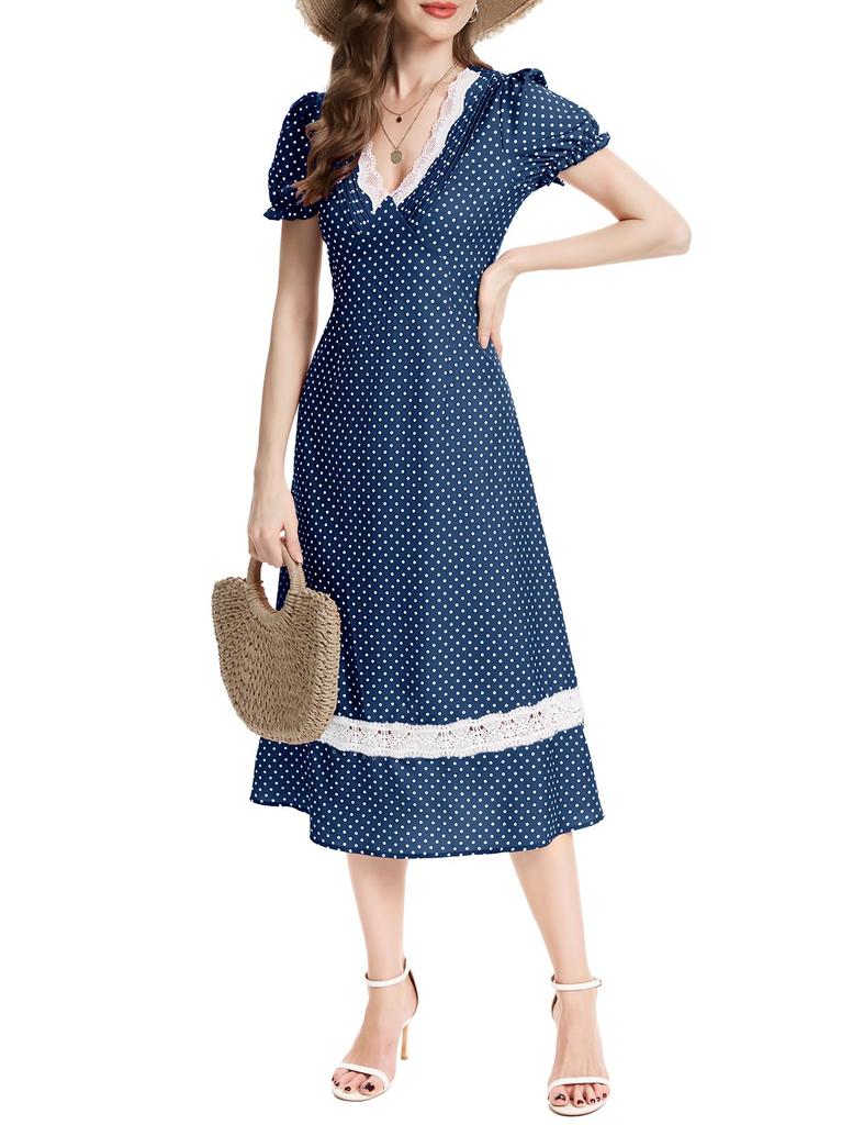 Dresstel Dotted Short Sleeve Long Dress for Cherry Blossom and Navy Size L Women's High-Waisted V-Neck Weddings, Resorts, Guests, Viewing, Dates,