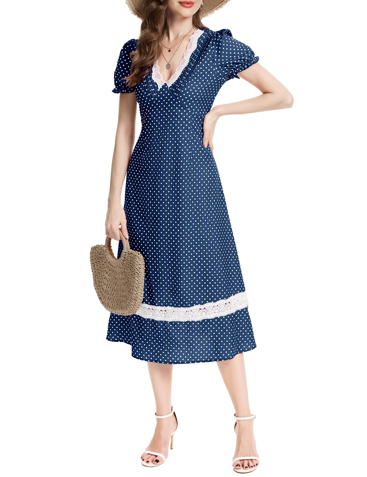 

Dresstel Платье миди с коротким рукавом в горошек для вишни и темно-синего цвета, размер L, женское, с завышенной талией, V-образным вырезом, для свадеб, курортов, гостей, просмотра, свиданий,