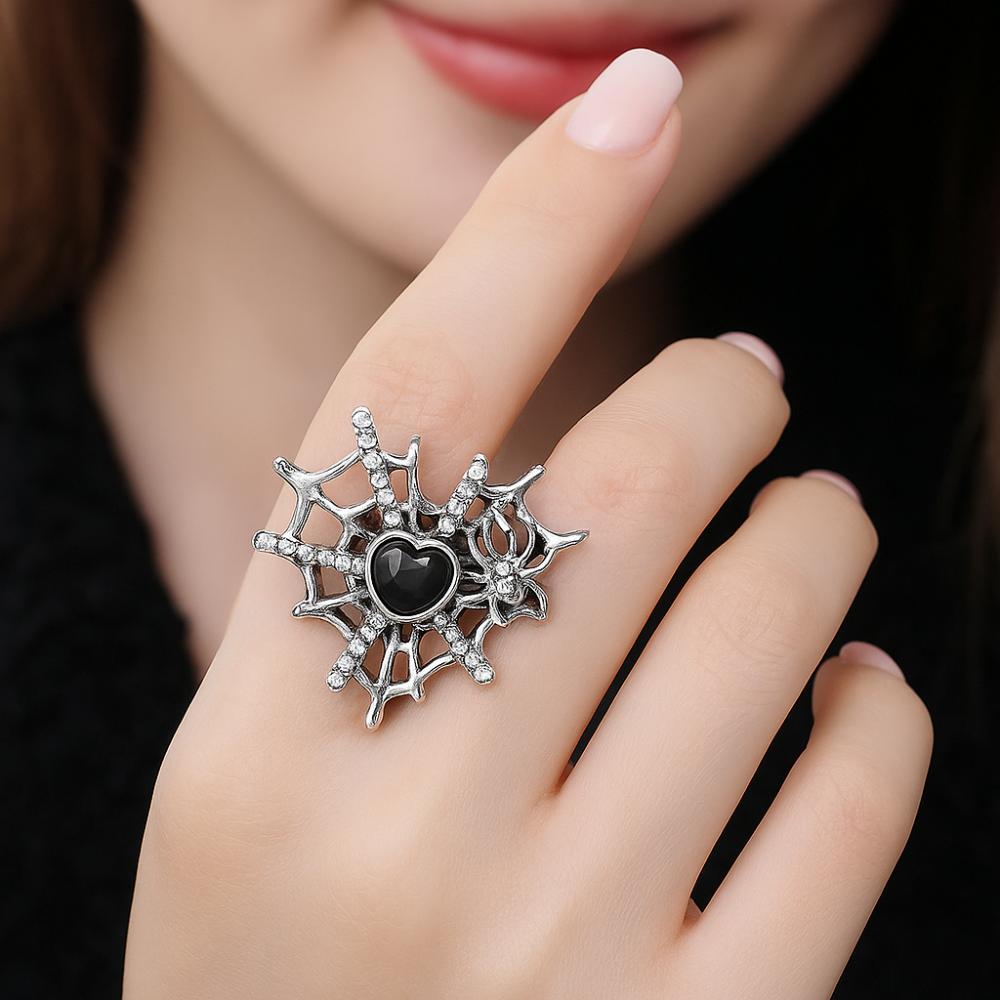 Dark Fashion Gothic Bat Ring Shiny Rhinestone Halloween Opening Ring Spider Web Heart Ring  Gift