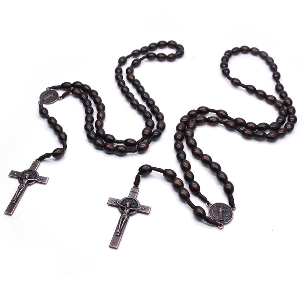 Exquisite Wooden Rosaries with Cross Pendant Religious Jewelry Necklace for Men and Women