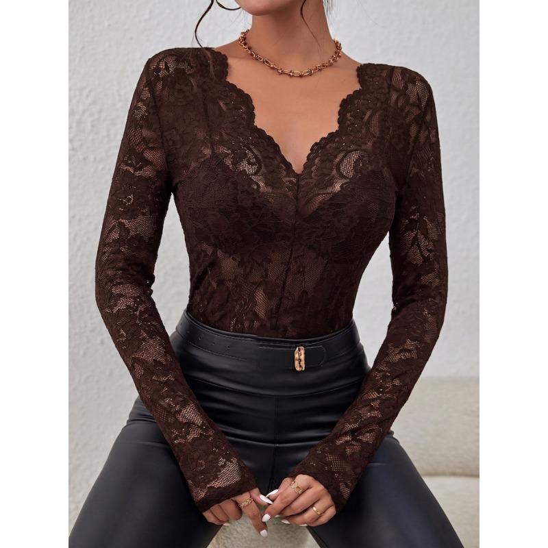 Women Sexy Floral Lace Long Sleeve Slim Fit V Neck Casual Base Top