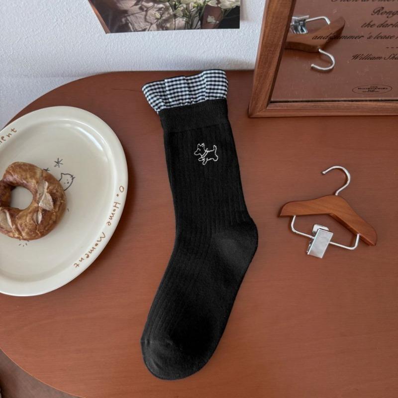 

College-style Autumn and Winter Checkered Lace Mid-calf Women s Socks Embroidered on A Dog s Outerwear Patchwork Long Socks 1 pair