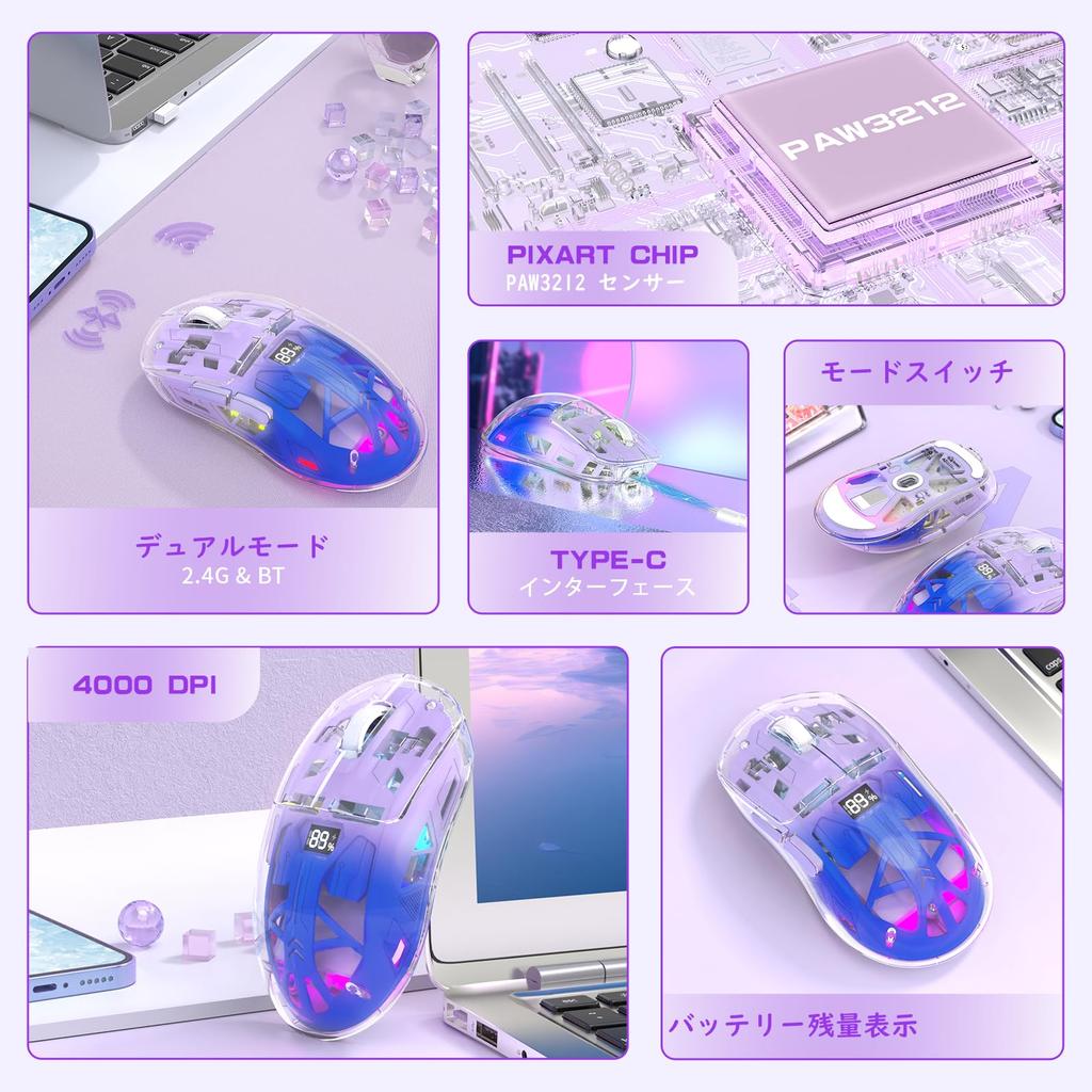 FREEWOLF A2 Transparent RGB Wireless Gaming Mouse with Transparent Digital 400mAh Adjustable Battery Levels Purple 2.4G/BT Case, Lightweight,
