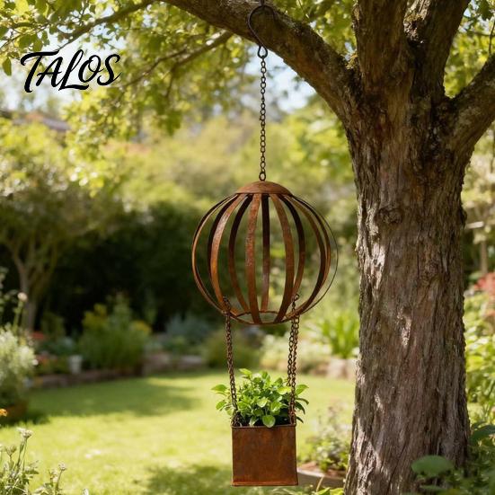 Modern Garden Planter Vintage Hot Air Balloon Iron Planter, Rusted Patina Hanging Flower Pot Decorative Metal Yard Art for Garden, Rustproof