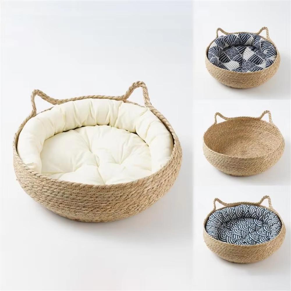 With Warm Pad Braided Cat Bed Rattan Weaving Vine Weave Cat Nest New Pet Sleeping Mat Pet Supplies