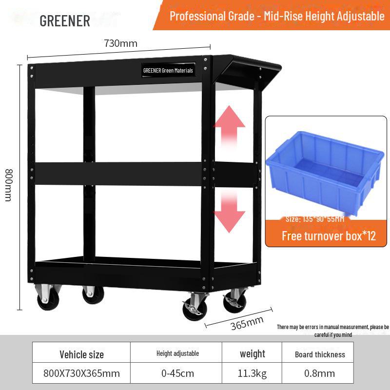 "Green Forest Utility Cart: Three-Layer Tool Trolley & Flatbed for Auto Repair & Beauty Supplies"