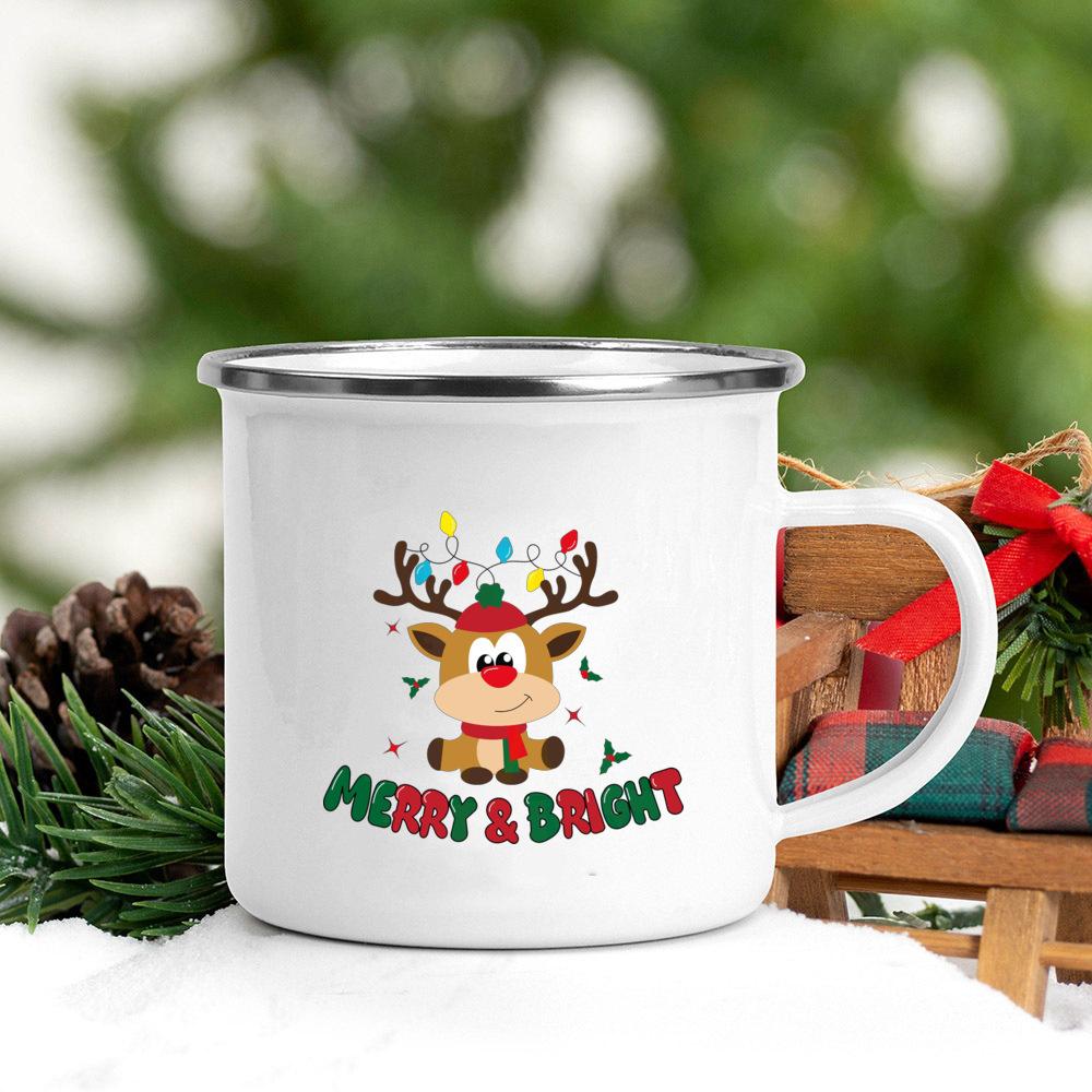 Santa Deer Truck Print Creative Enamel Cups Christmas Party Drink Juice Hot Cococ Cup Mugs Handle Mug Gifts for Family Friends