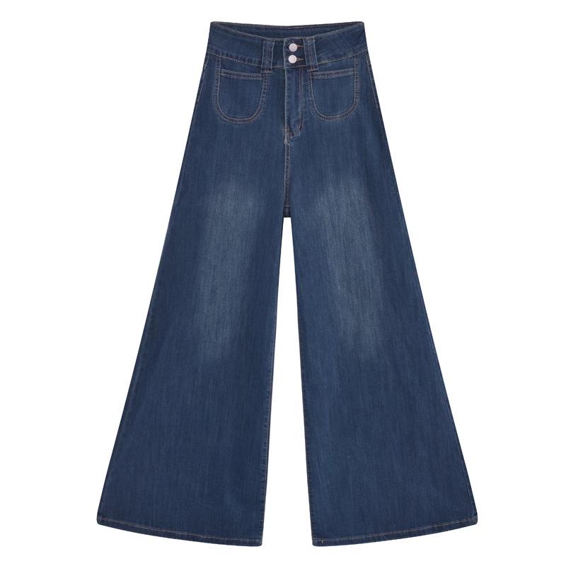 Petite Women's Retro Blue Wide-Leg Floor-Length Loose Jeans